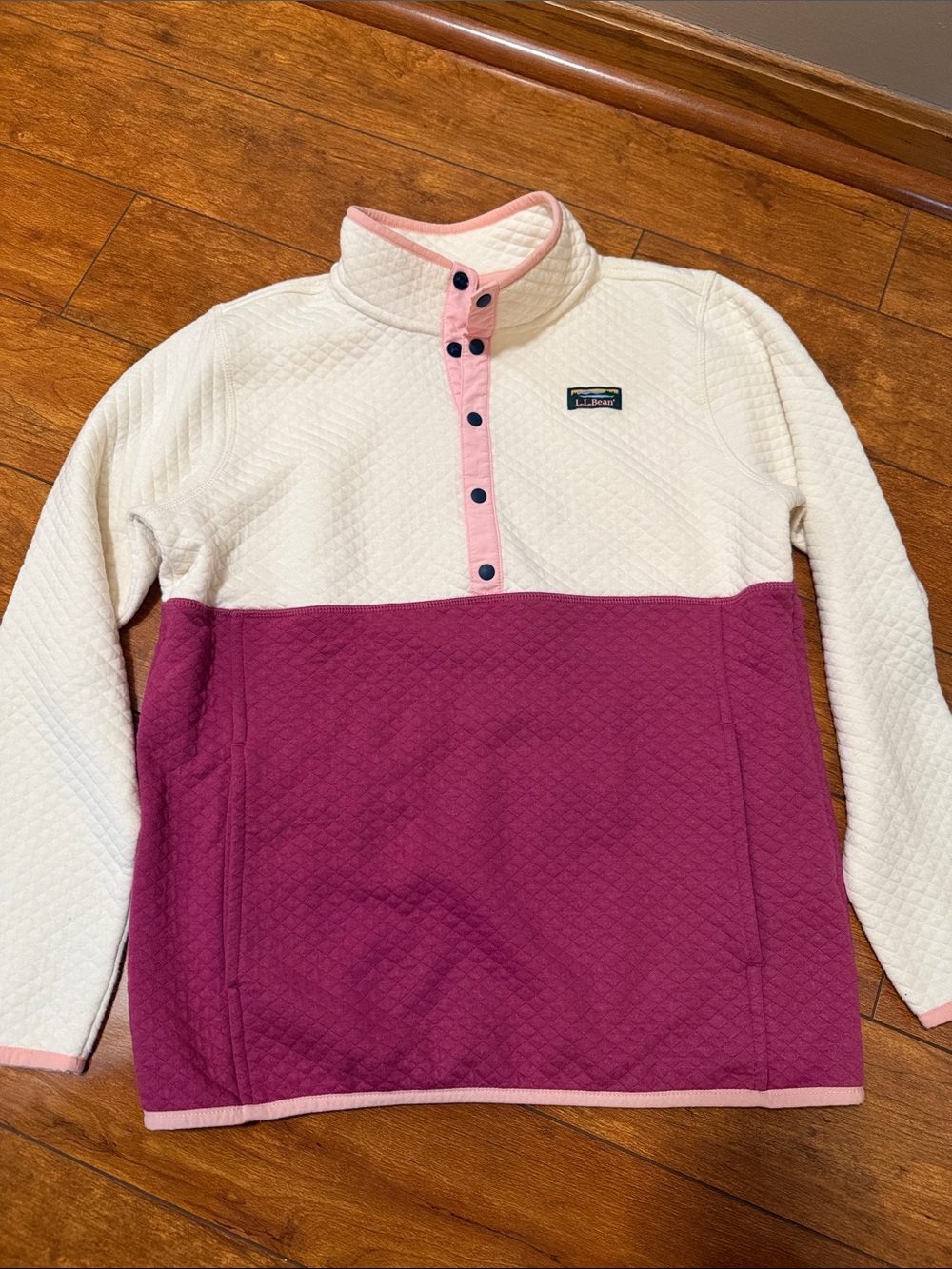 L.L. Bean Girls' Quilted Pullover quarter snap in Cream and Berry Pink Trim
